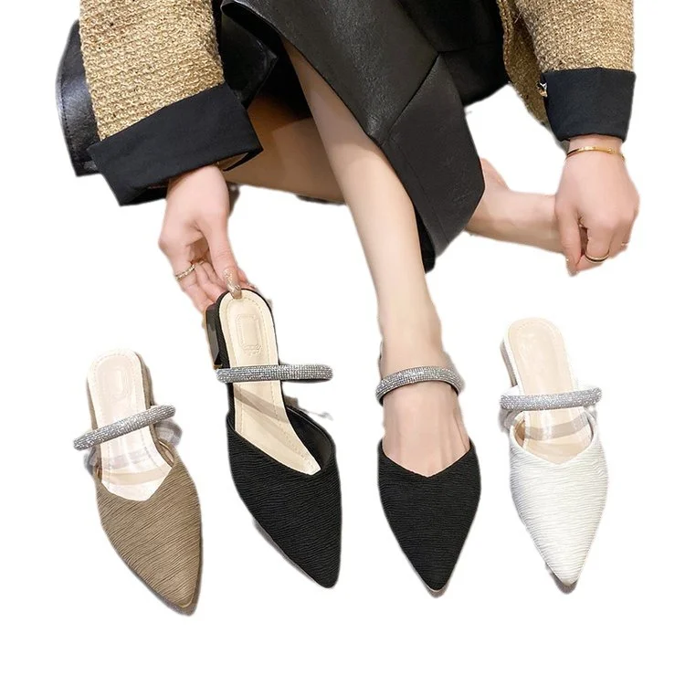 Wongn Wongn 2024 New Korean Version Of Cloth Baotou Half Drag Diamond Thick Heel Slippers Lazy Slippers Women's Shoes