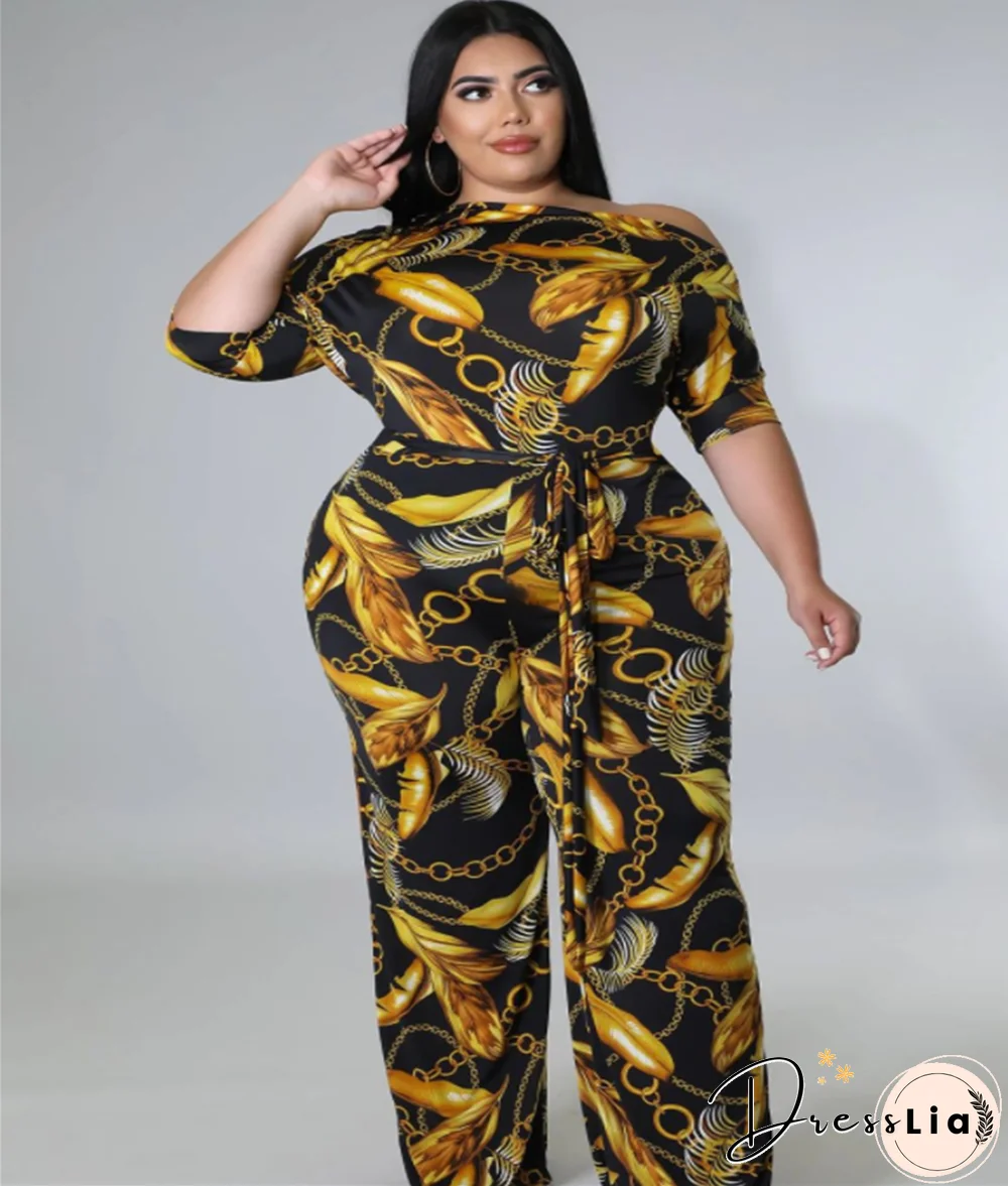 Off-the-shoulder Printed Plus Size Wide Leg Jumpsuit