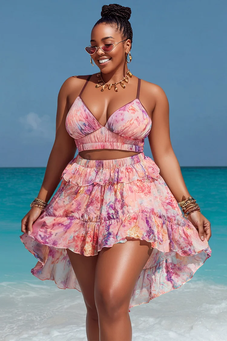 Xpluswear Design Plus Size Beach Pink Floral Smocking Ruffle Swimsuit Fabric Three Pieces Swimsuit Cover Ups Set [Pre-Order] 2024 - Xpluswear