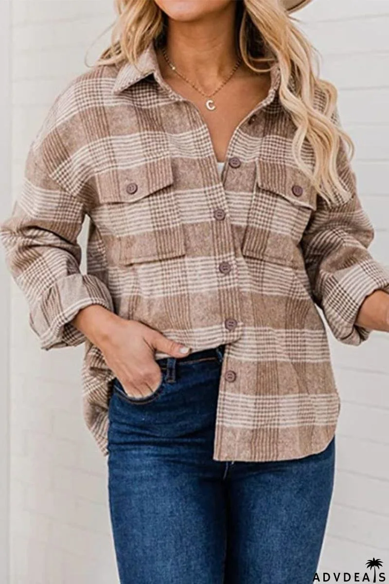 Plaid Buckle Turndown Collar Tops