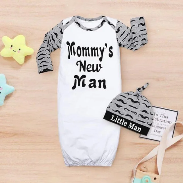 2PCS Lovely Newborn Baby Boy "Mommy's New Man" Letter Moustache Printed Long Sleeve Sleeping Bag With Hat