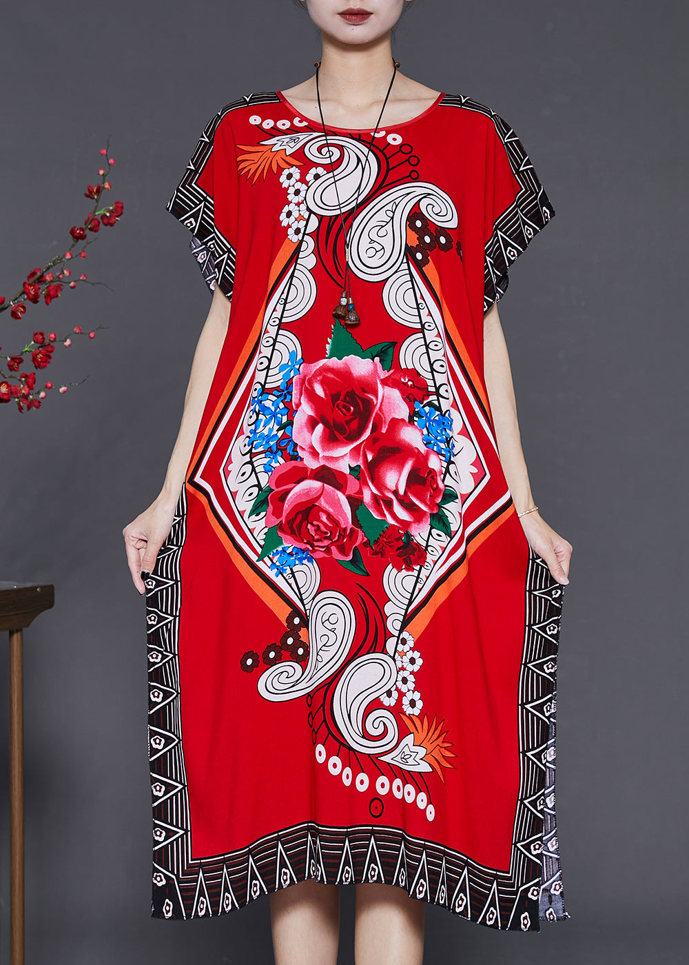VCSHOES Red Print Chiffon Long Dress Batwing Sleeve