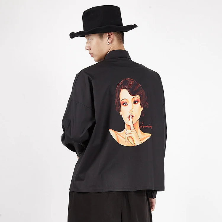 Original Design Darkwear Japanese Print Long Sleeve Dropped Shoulder Loose Shirts-dark style-men's clothing-halloween