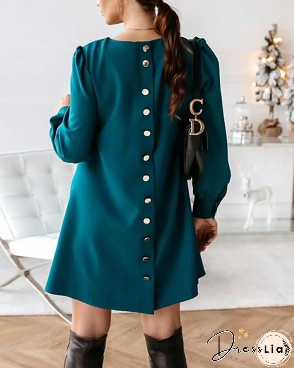 Elegant Women Metal Buttoned Mini Dress Casual Spring O Neck Party Dress