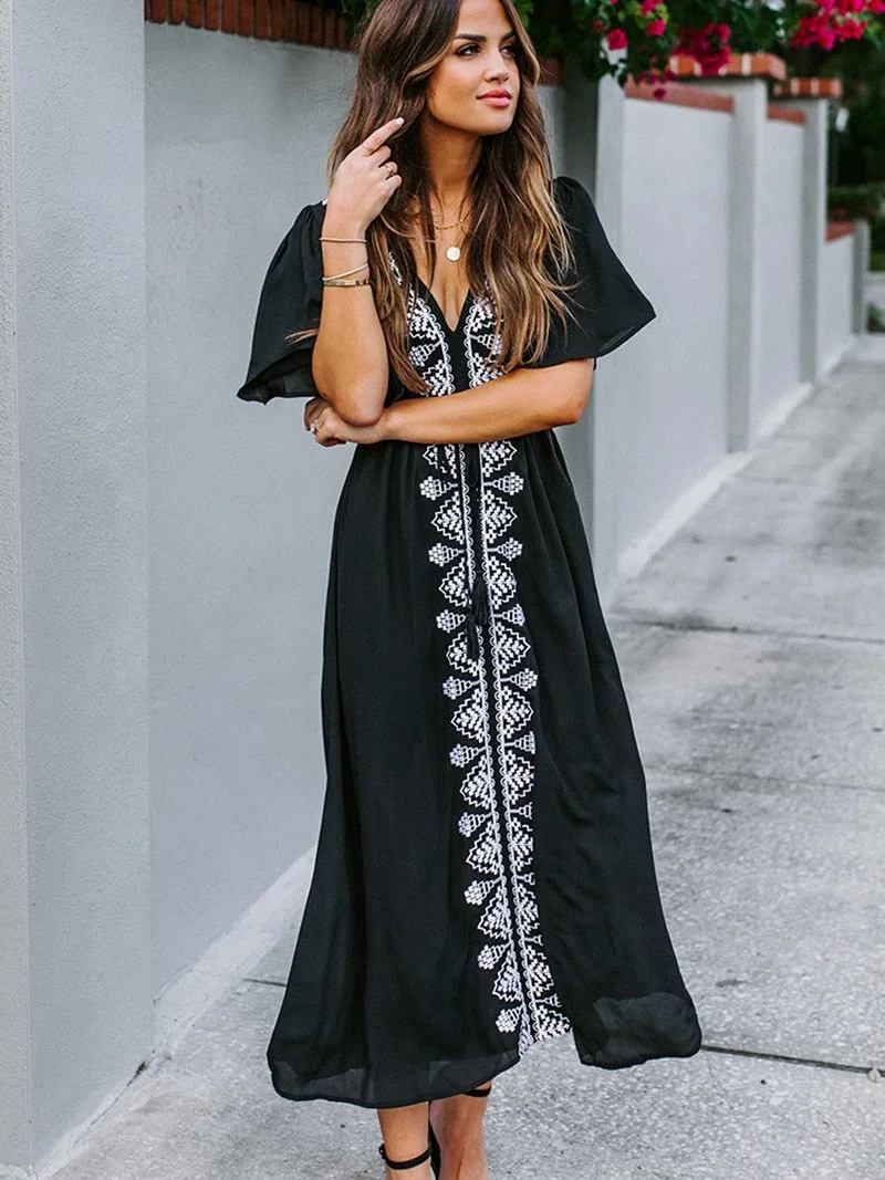 Fitshinling Holiday 2020 Embroidery Long Dress Beach Wear Bohemian Flare Sleeve A Line Pareos Robe Black Sexy Maxi Dresses Women