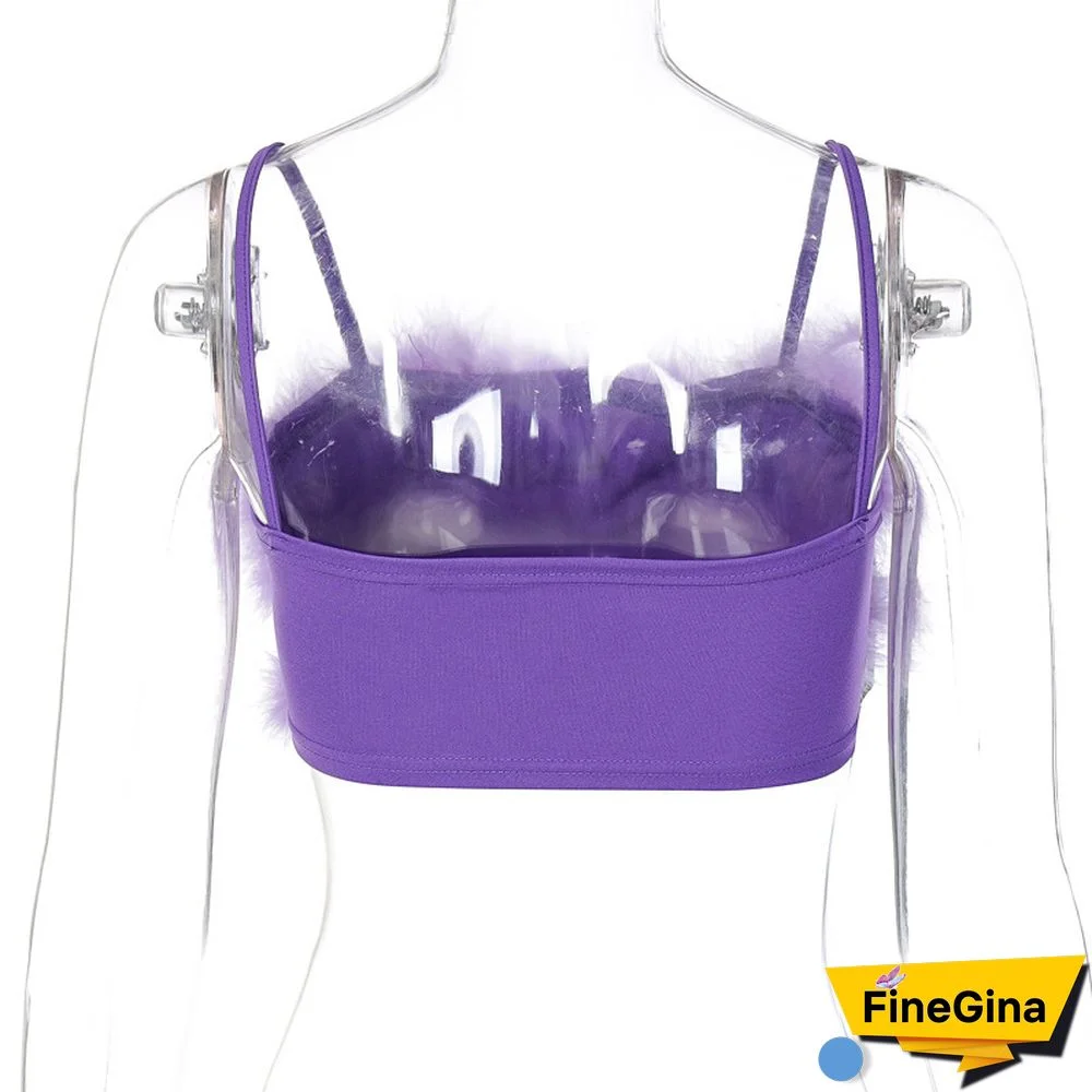 Sexy Womens T-Shirt Faux Fur Tank Tops Spaghetti Strap Crop Summer Camisole Tight Sleeveless Tube Top Vest Streetwear