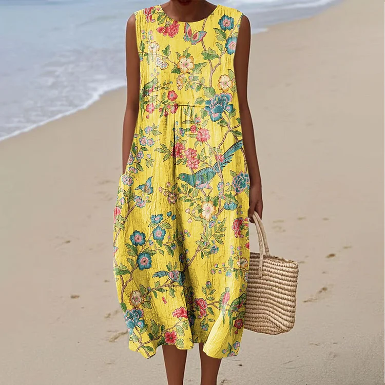 Women's Vintage Flower Art Print Sleeveless Cotton Pocket Wrap Dress
