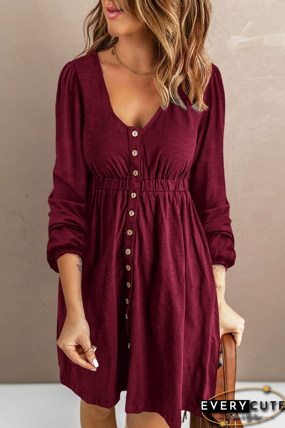 Wine Button Up High Waist Long Sleeve Dress