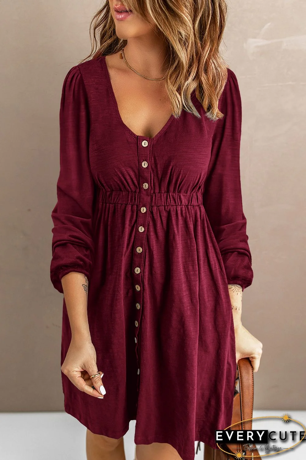 Wine Button Up High Waist Long Sleeve Dress