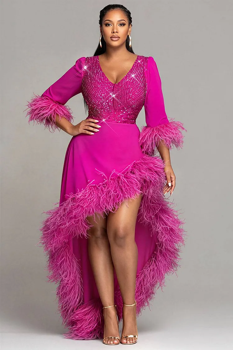 Xpluswear Design Plus Size Cocktail Party Hot Pink V Neck Half Sleeve High Low Hem Feather Sequin Midi Dresses [Pre-Order] 2024 - Xpluswear