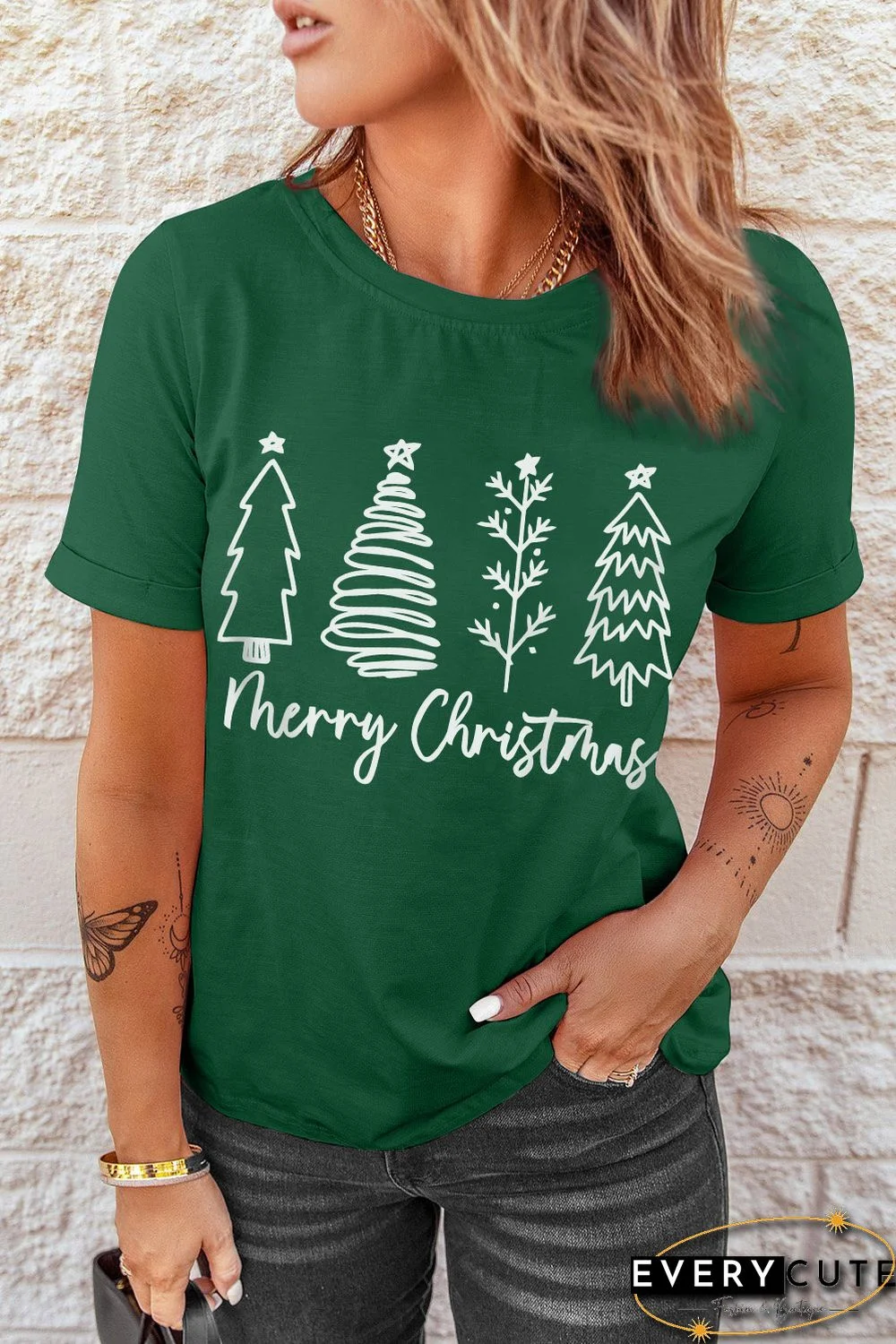 Green Merry Christmas Tree Graphic Print Tee