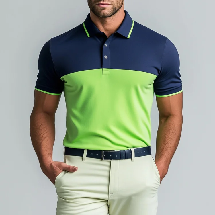 Okaywear Half Button Short Sleeve Contrast Color Polo Shirt 
