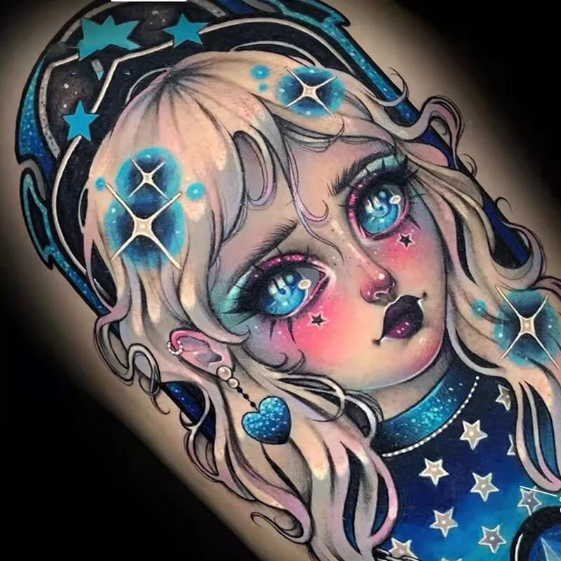 Sdrawing Temporary Tattoo Sticker Anime Cartoon Cute Pink Hair Girl Flower Necklace Fake Tatto Flash Tatoo Art for Women Men