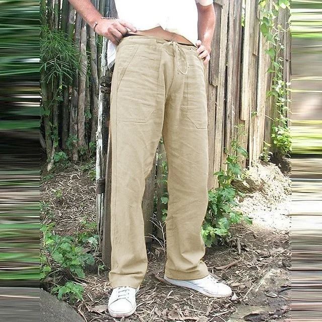 Men's Linen Pants Trousers Beach Pants Casual Pants Solid Color Pocket Elastic Drawstring Design Straight Leg Full Length Breathable Lightweight Gym Yoga Fashion Streetwear Light Gray Dark Gray