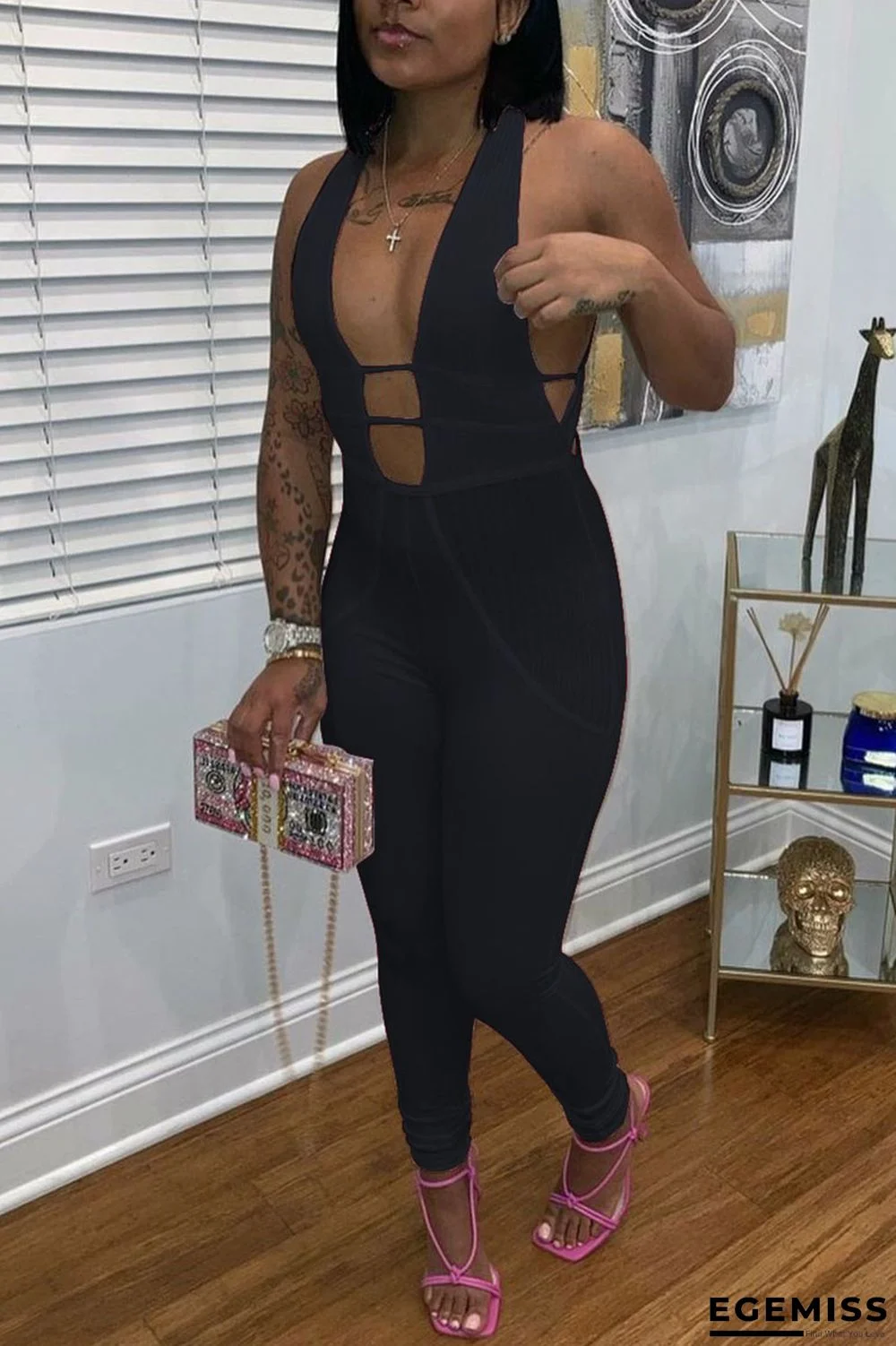 Black Sexy Solid Patchwork V Neck Regular Jumpsuits | EGEMISS
