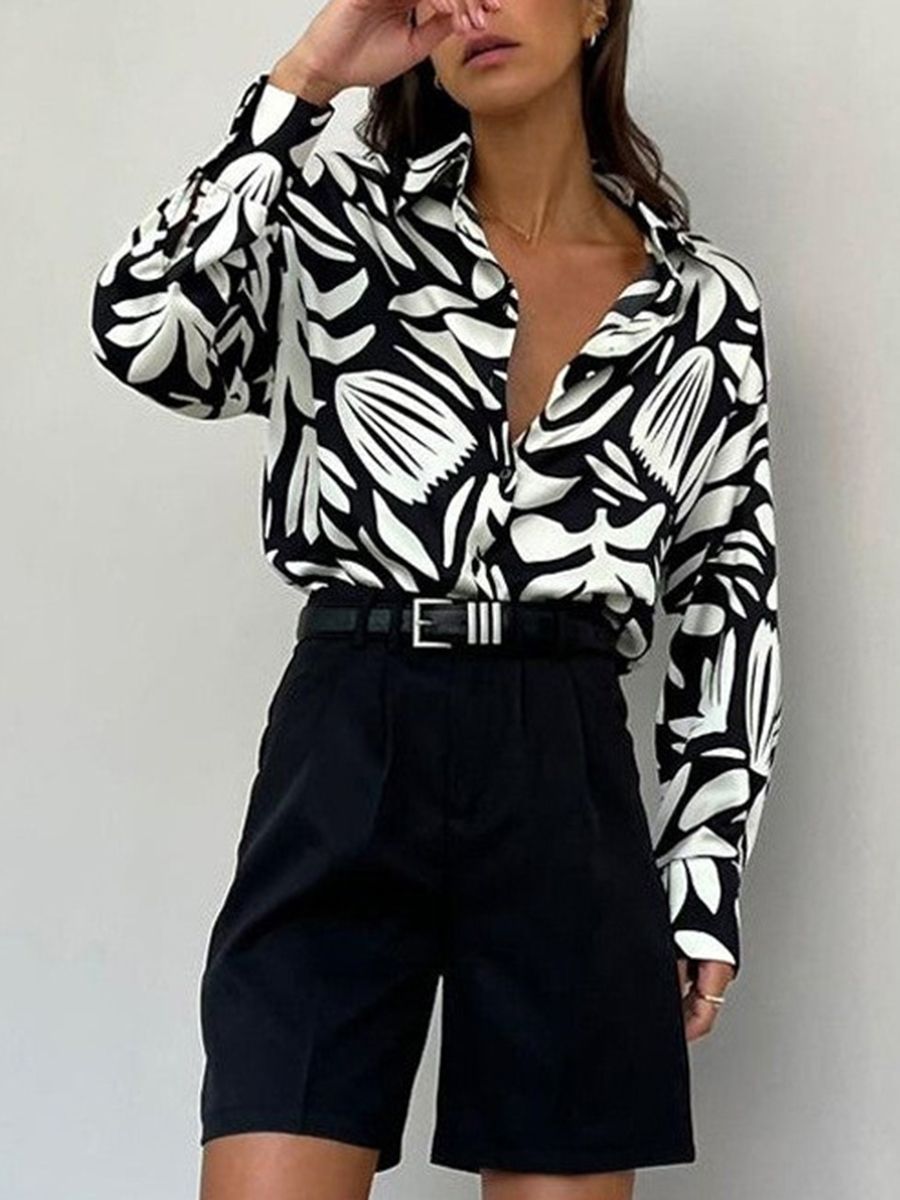 Turndown Collar Plants Print Long Sleeve Blouses