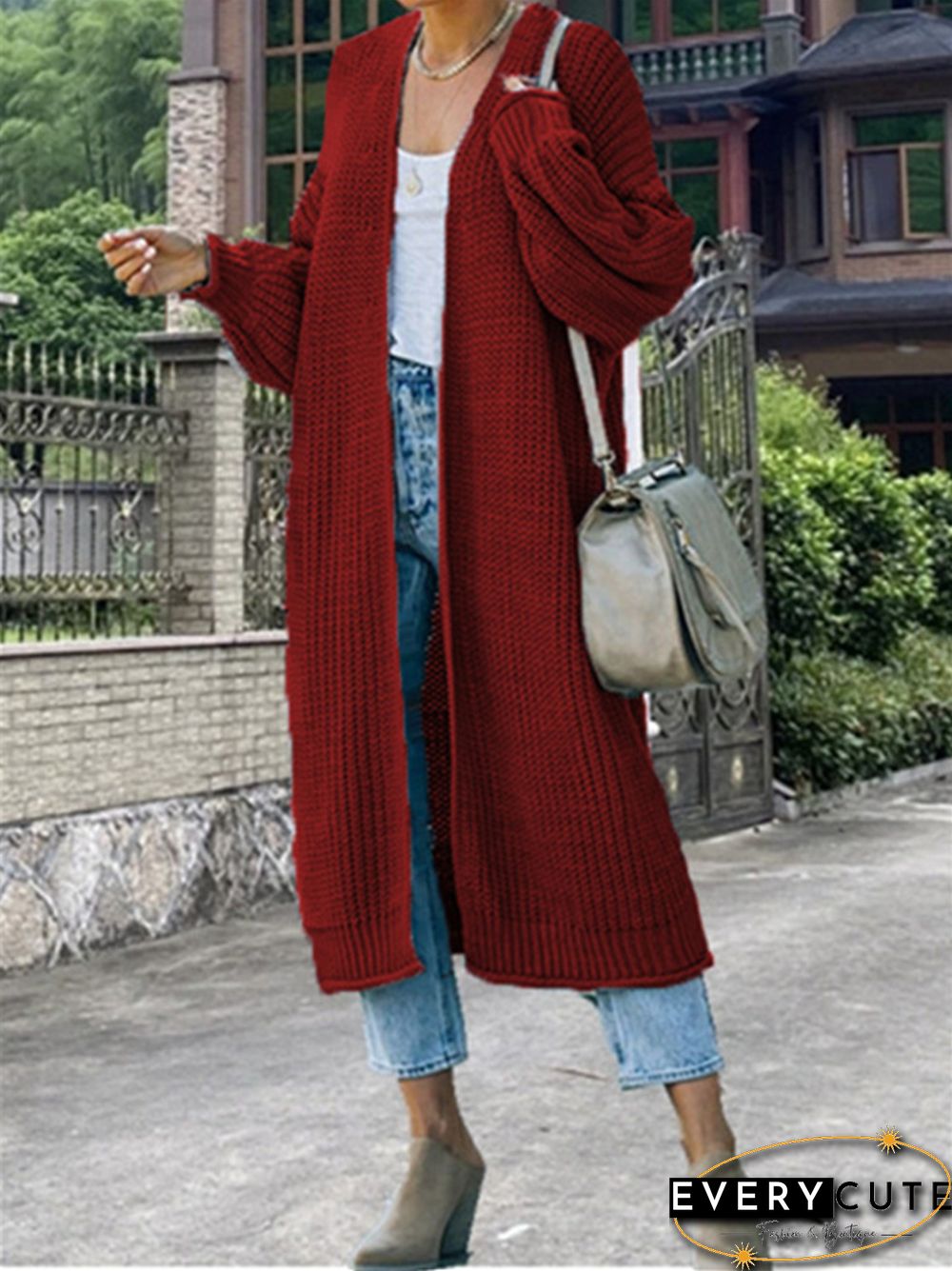 Curled Coarse Thread Solid Long Knitted Coat
