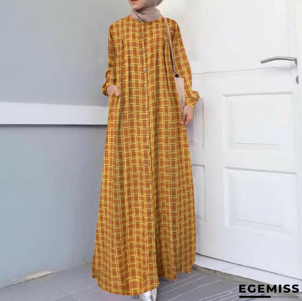 Ethnic Long Sleeve Loose Cardigan Temperament Plaid Cotton and Hemp Long Dress Linen Dresses | EGEMISS
