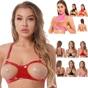 pornhint Pornhint Womens Patent Leather Bras Cupless Crop Tops Rivet O Ring Halter Club Dancewear