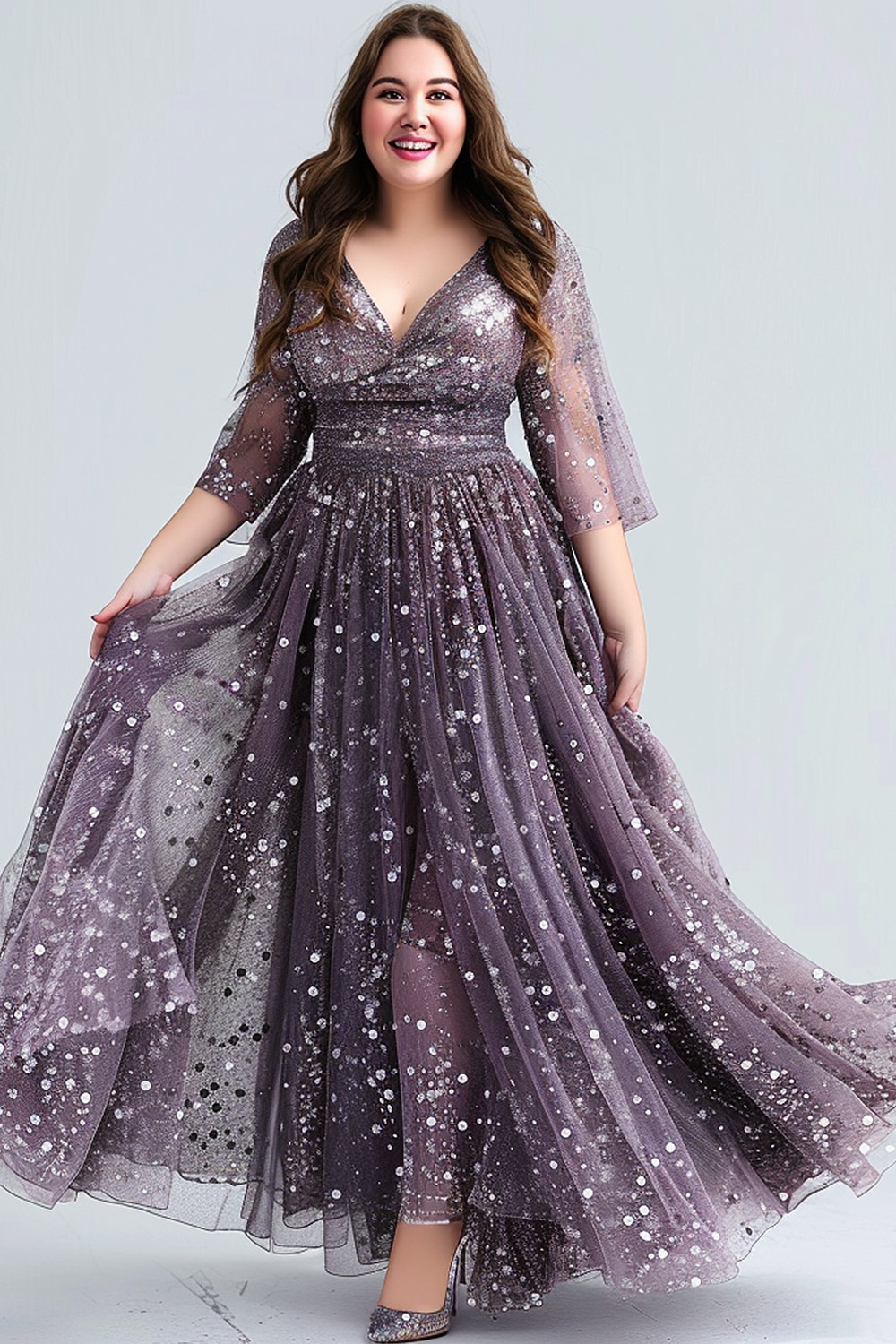 Flycurvy Plus Size Mother Of The Bride Purple Sequin Wrap Maxi Dress 2024 - Flycurvy 