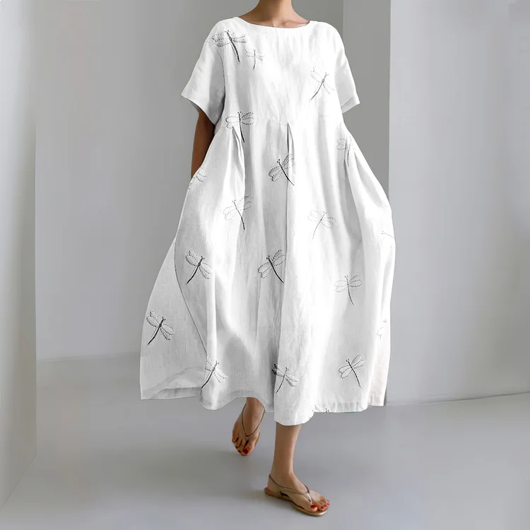 Women'S Vintage Dragonfly Embroidery Art Casual Midi Dress