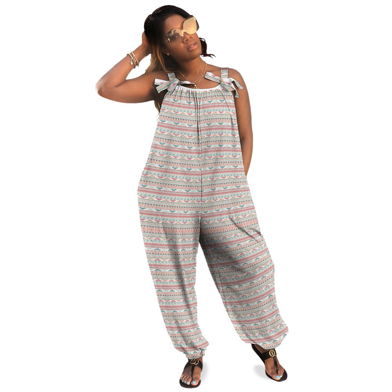 White With Pink Ethnic Design Pattern Plus Size Wide Leg Jumpsuit Women Summer Casual Pleated Jumpsuit With Straps Sexy Rompers And Jumpsuits Fun Summer Rompers Boho Pockets