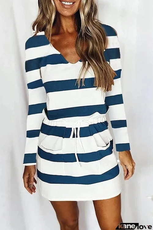 V-neck Casual Colorful Striped Knit Dress.