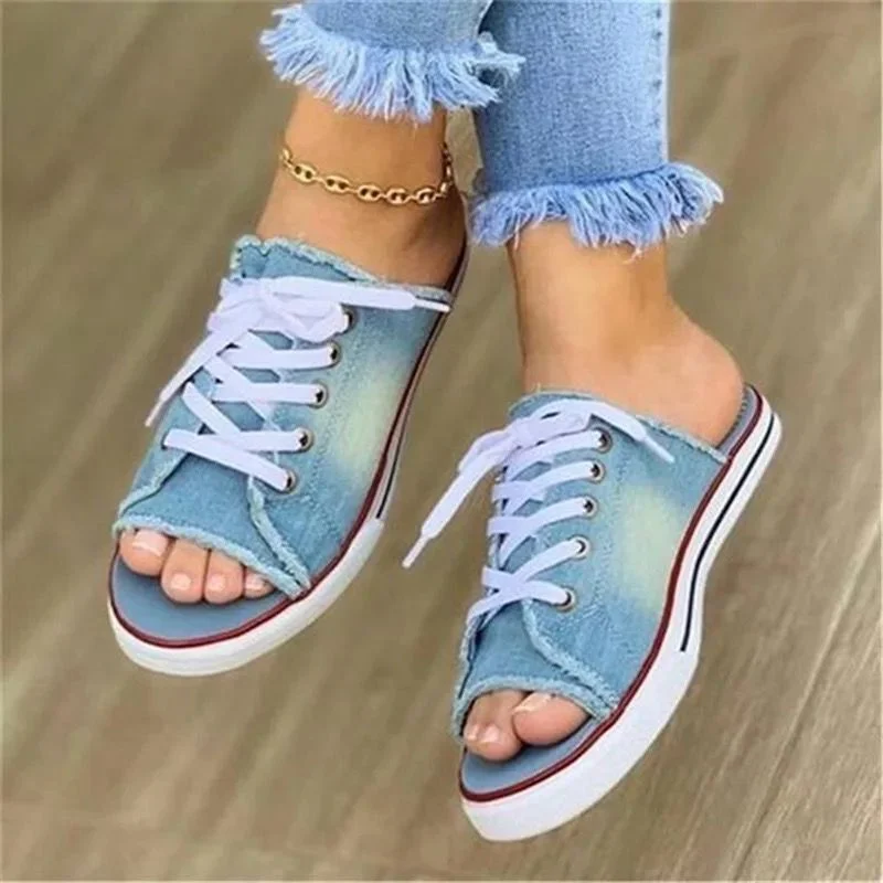 Yyvonne Spring And Summer Fish Mouth Denim Cloth With Casual Flat Bottom Lady Cool Slippers Large Size With Slippers Women