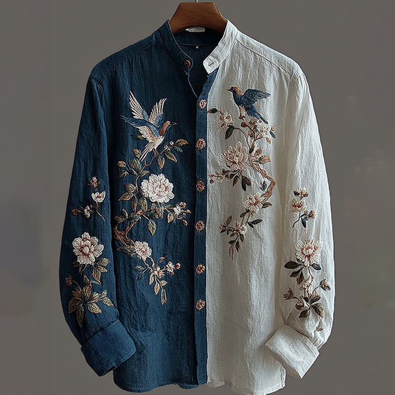 Men's Japanese Crane Color Block Artistic Casual Long-sleeve Shirt elevenforest