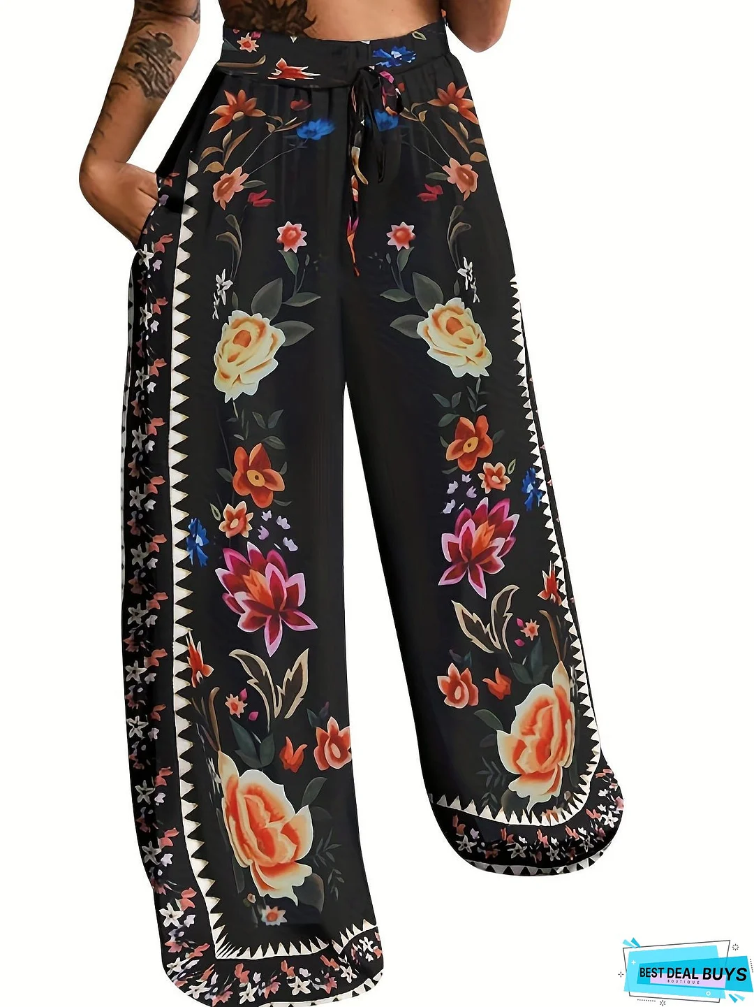 Peacock Print Wide Leg Pants, Retro Drawstring Long Length Palazzo Pants, Women's Clothing