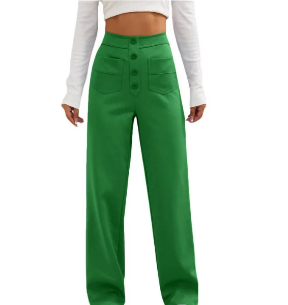 Wongn Wongn Fashion New Women's Casual Straight Pants High Waist Button Elastic Belt With Multiple Pockets
