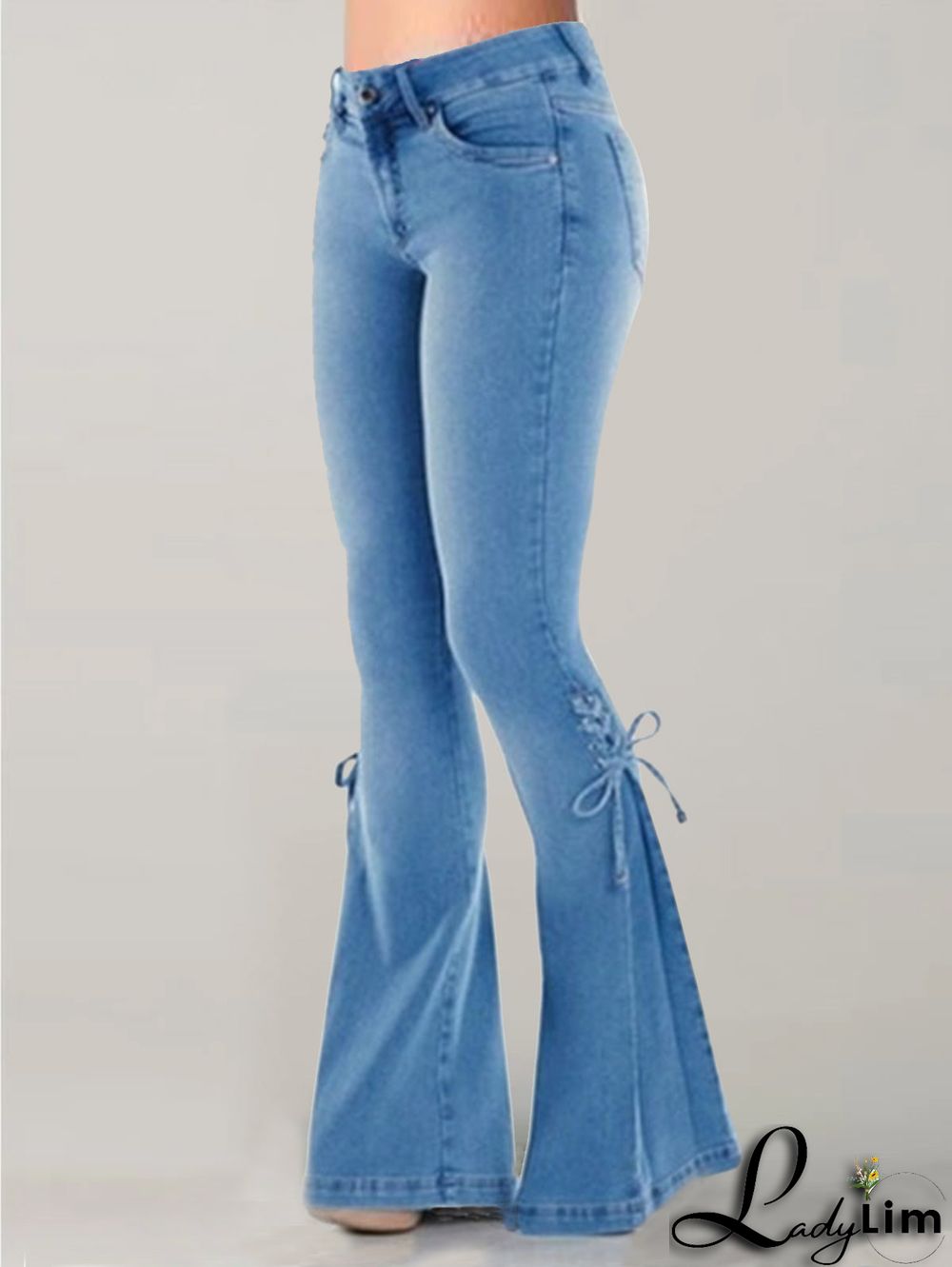 Fashion Plain Flare Leg Lace-Up Denim Slim Fit Pants