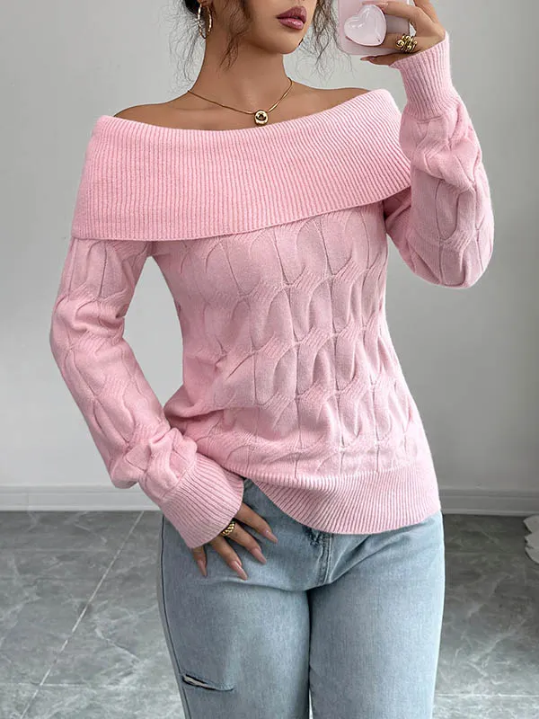 Solid Color Split-Joint Long Sleeves Off-The-Shoulder Sweater Tops Pullovers