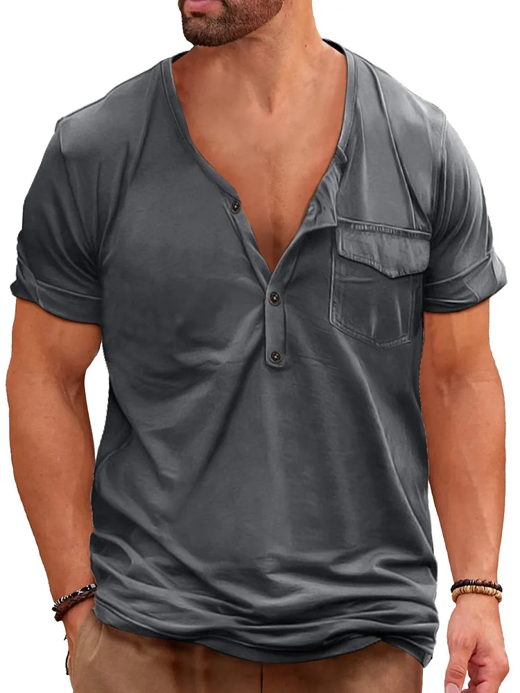 Men's Casual Buttoned Henley V-Neck Pocket Short Sleeve T-Shirt