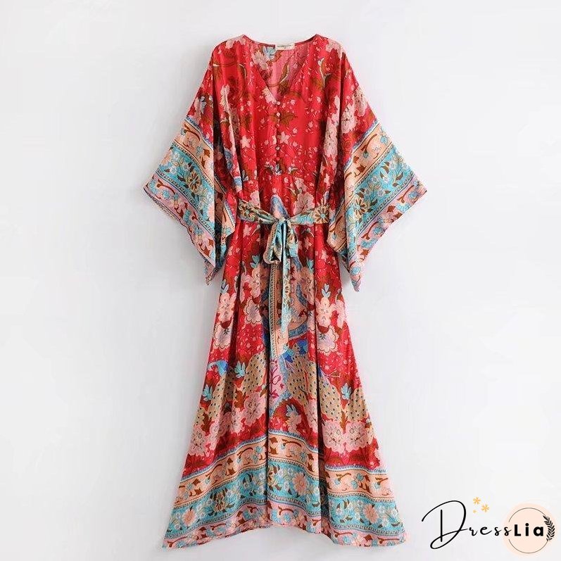 Bohemian Maxi Lotus Print V-Neck Long Dress