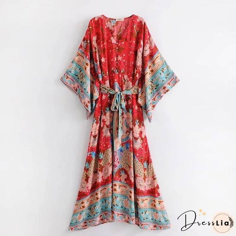 Bohemian Maxi Lotus Print V-Neck Long Dress