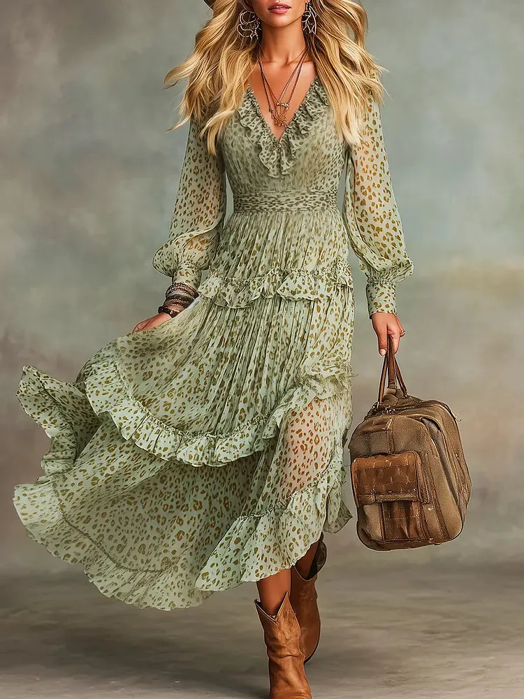 Women's Retro Leopard Art Casual Ruffled Stylish Vacation Dress