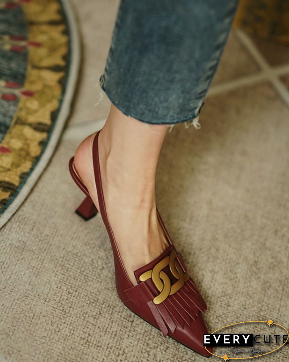 Pointed-toe Solid Color Splicing Tassel Buckles PU Leather High Heels