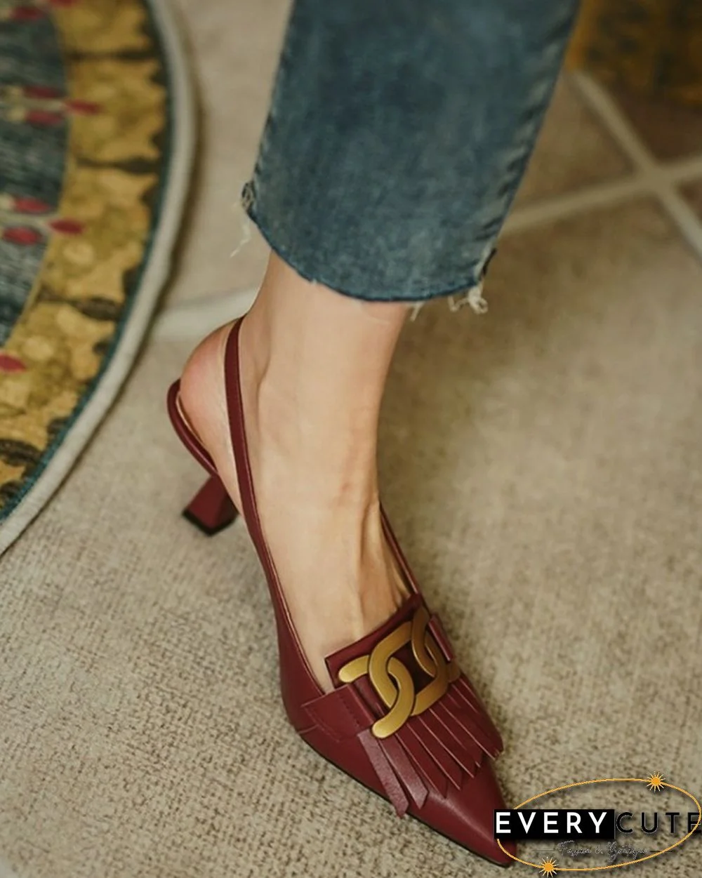 Pointed-toe Solid Color Splicing Tassel Buckles PU Leather High Heels