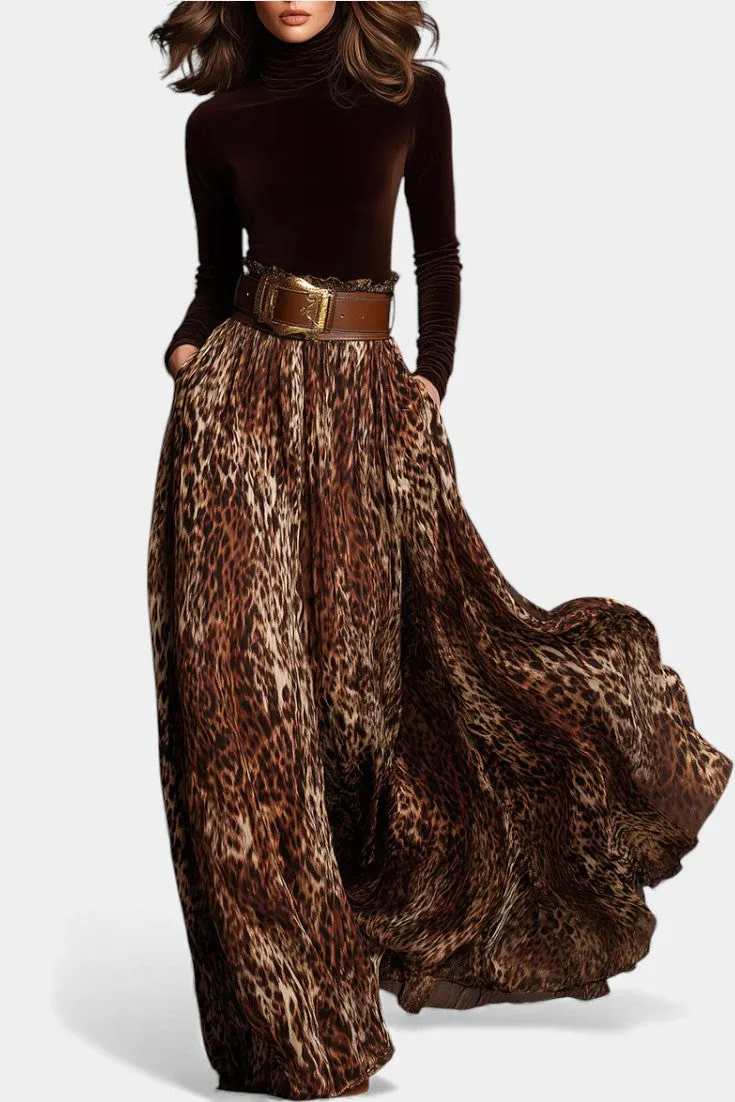 Velvet Turtleneck with Leopard Maxi Skirt Set