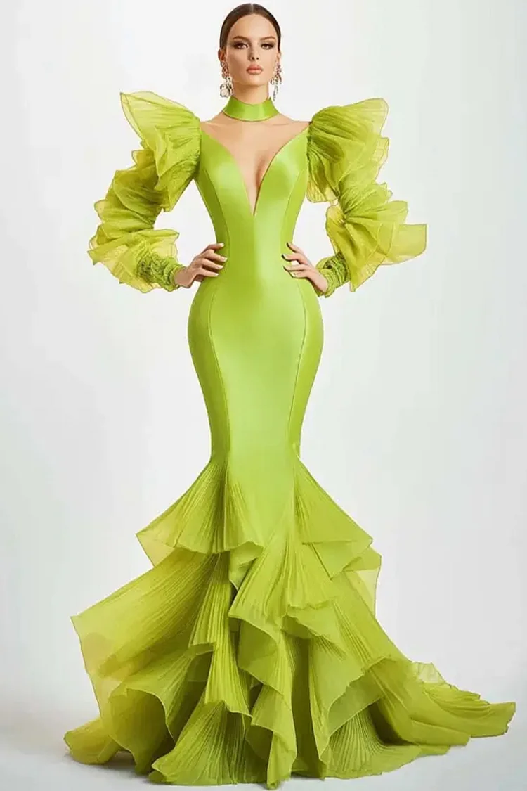 Deep V Neck Mesh Puff Sleeve Layered Mermaid Maxi Dress-Green [Custom-Made]