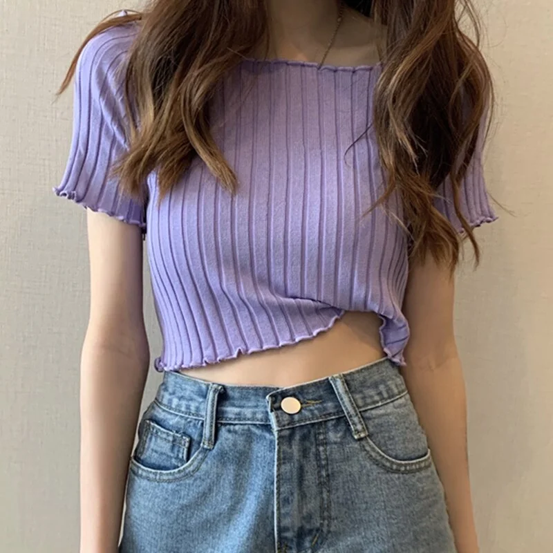 Ribber Purple T-shirt Off Shoulder Knitting Crop Top Women Short Sleeve Stretchy Ruffles Female Tshirt Y2k Stripes Summer Tops