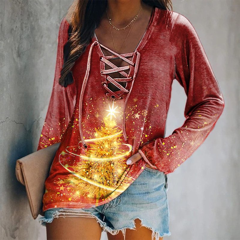 Golden Shiny Christmas Tree Printed Lace-up Sexy Women's T-shirt