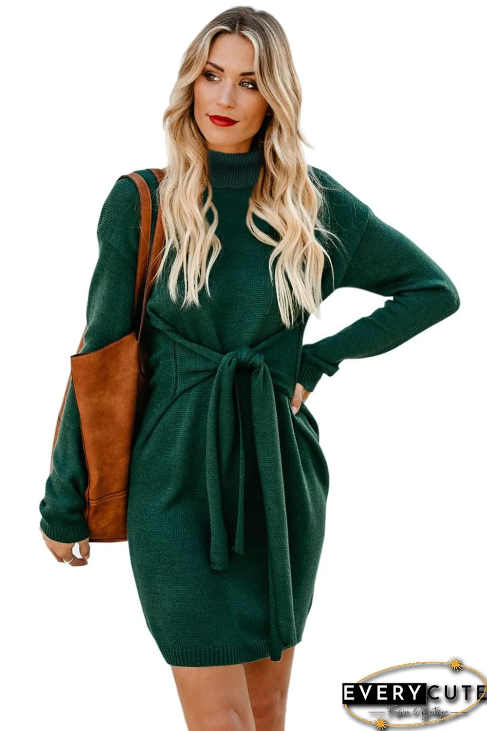 Green Long Sleeve Tie Waist Turtleneck Pullover Sweater Dress