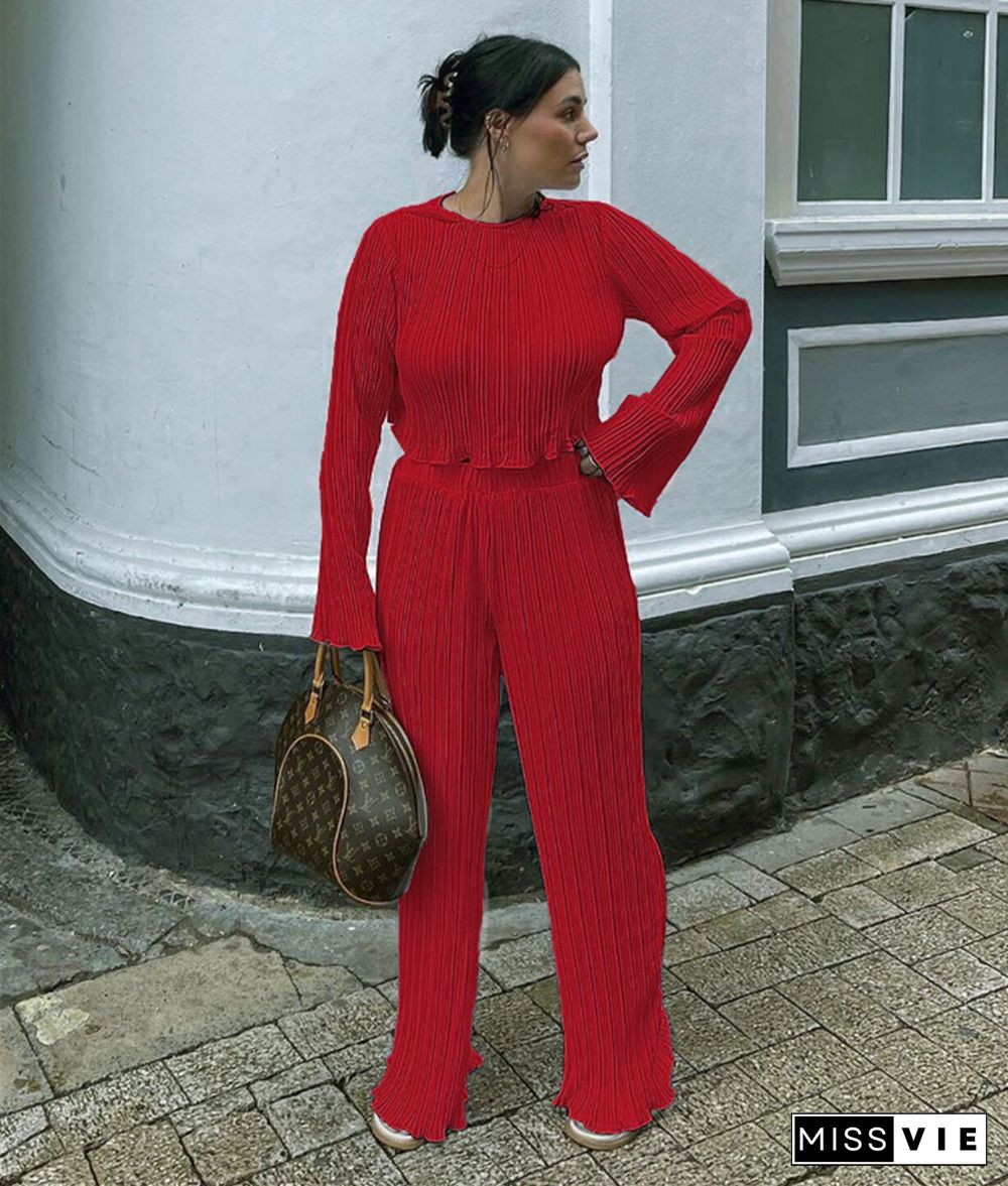 Pleated Loose Blouse Crop Top Wide Leg Pants Outfits