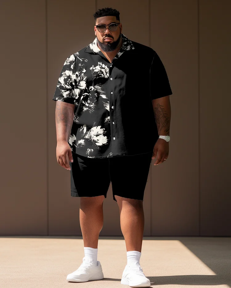 Men's Plus Size Retro Floral Chain Short Sleeve Shirt Shorts Set