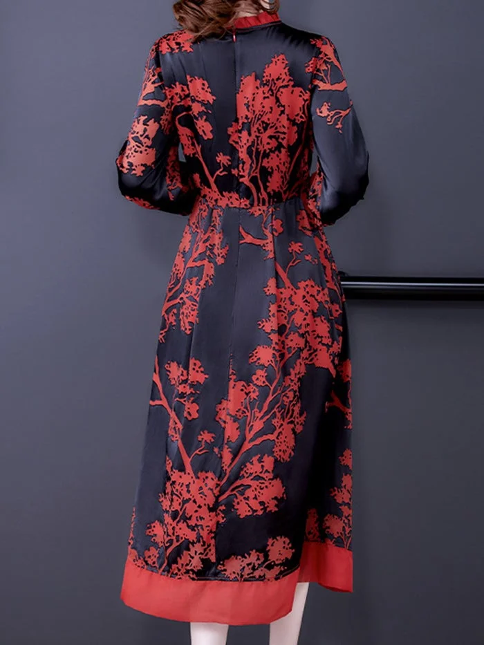 Fashion Mulberry Silk Red Jacquard Dress