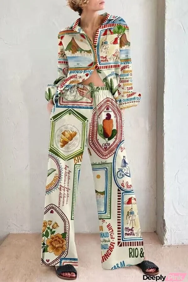 Bring The Comfort Unique Print Oversized Blouse and Elastic Waist Pocketed Pants Set
