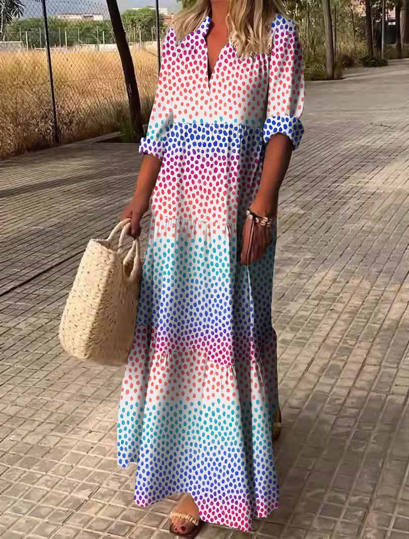 Women Polka-Dot,Red,Purple DZDN0316 SPU Printed Long Sleeve V-neck Maxi Dress