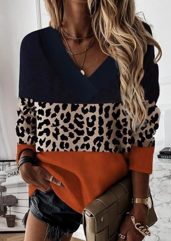 Leopard Color Block Long Sleeve Blouse